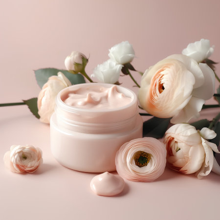 Jar of cream with cream and flowers on pink background. Cosmetics conceptの素材