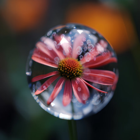 Reflection of the sun in a crystal ball on a flower.の素材
