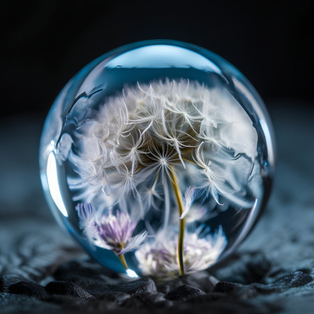 Dandelion seeds in a crystal ball on a black background.の素材