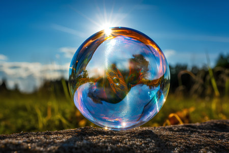 Crystal ball with reflection of nature in the middle of a field.の素材