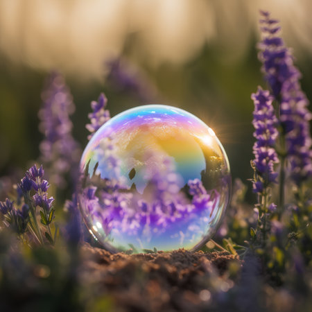 Soap bubble with the image of the planet Earth in the field.の素材