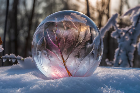 crystal ball with feathers in the snow on the background of treesの素材