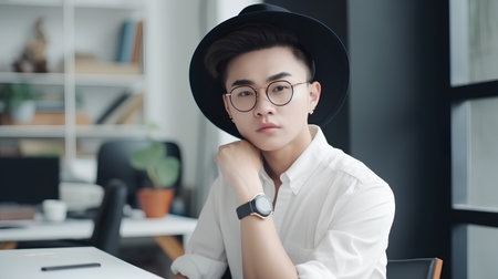 Portrait of young asian businesswoman sitting at desk in officeの素材