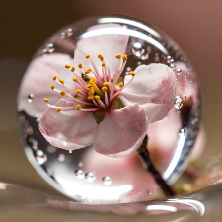 peach blossom in a crystal ball with water drops on itの素材