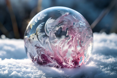 Crystal ball with feathers on white snow. Christmas and New Year backgroundの素材
