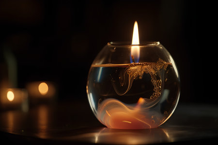 Burning candle in a glass candlestick on a dark backgroundの素材