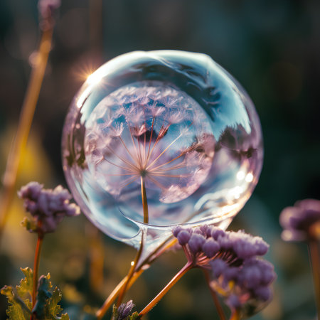 Crystal ball with dandelion flower in the grass at sunset.の素材