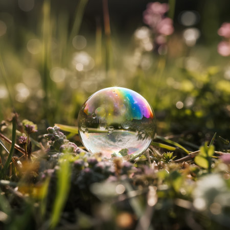 Soap bubbles in the grass on a background of flowers and grassの素材