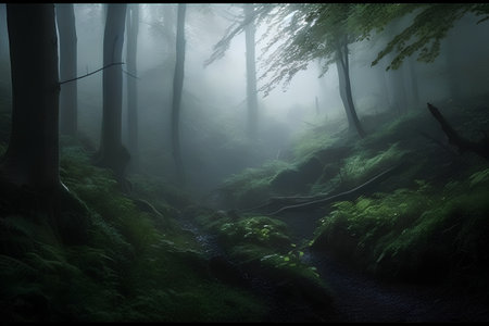 Mysterious dark forest with fog and footpath in the foregroundの素材