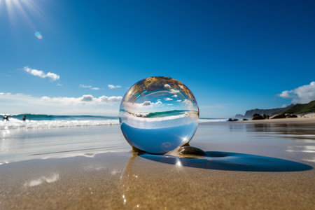 crystal ball on the beach with reflection of the sea in itの素材