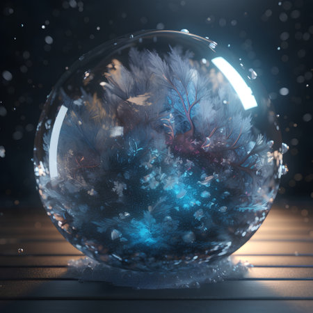 3d illustration of crystal ball with feathers and snowflakes insideの素材