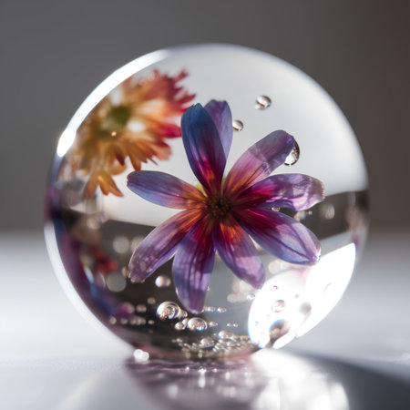 Beautiful flower in a glass ball with reflection on white background.の素材