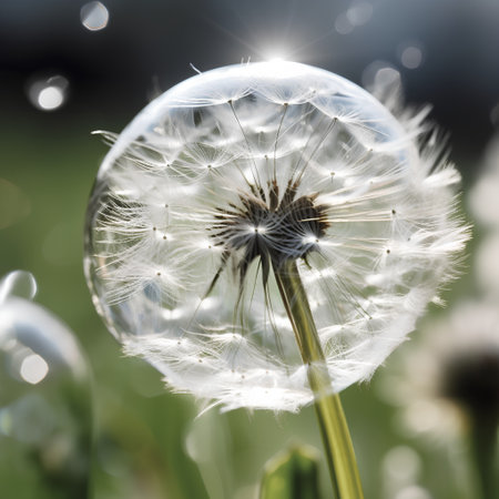 Dandelion flower with water drops and dew drops close upの素材