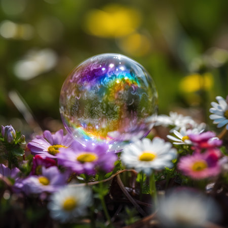 Colorful flowers in the meadow with soap bubble. Shallow depth of fieldの素材