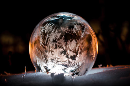 crystal ball with frost and snowflakes in the night forestの素材