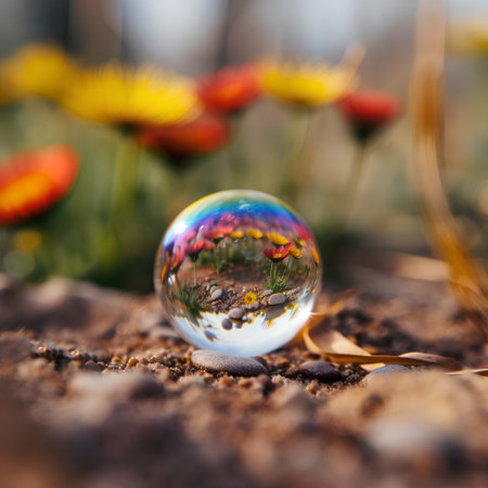 Colorful daisies in a crystal ball on the ground.の素材