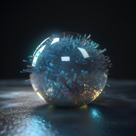 3d illustration of abstract virus in glass sphere on a dark backgroundの素材