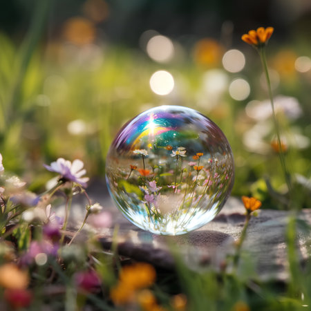 crystal ball with flowers on green grass with bokeh backgroundの素材