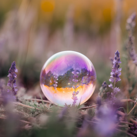 Glowing crystal ball with lavender flowers in the meadow.の素材