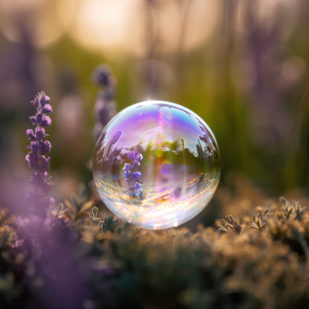 Glowing crystal ball in the grass with lavender flowers in the backgroundの素材
