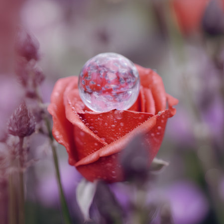 Beautiful red rose with a crystal ball in the garden. Selective focus.の素材
