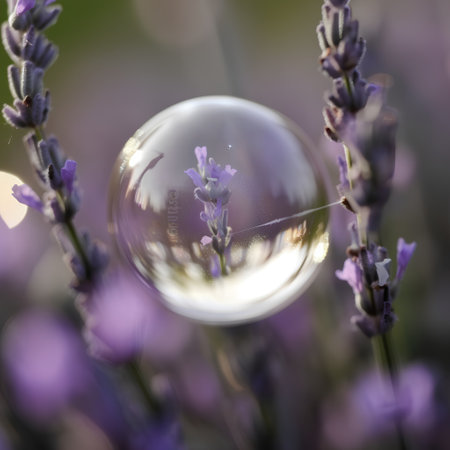 Lavender flowers in the garden with crystal ball and bokehの素材