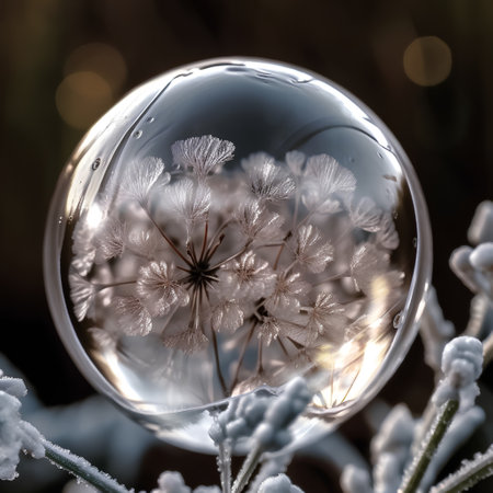 crystal ball with flowers in the snow on a background of grassの素材