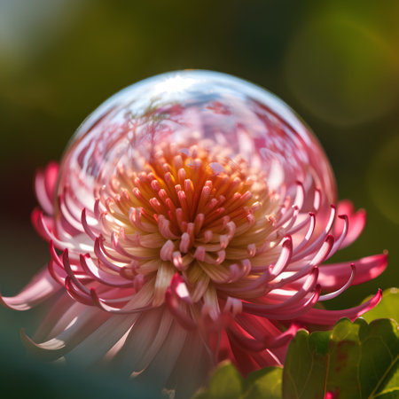 Close-up of a pink chrysanthemum in a crystal ballの素材