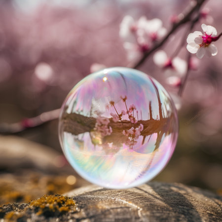 Crystal ball with blooming peach tree in spring garden. Selective focus.の素材