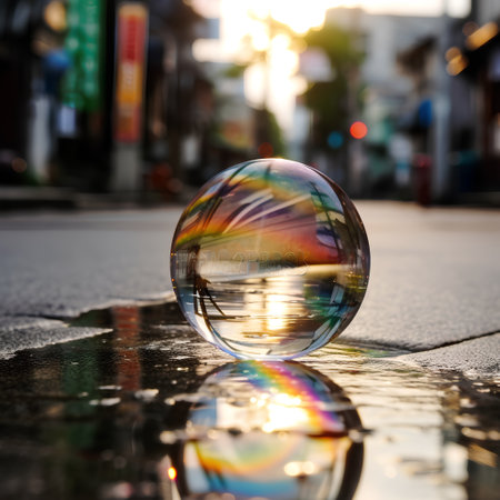 Reflection of a rainbow in a glass ball on a wet asphaltの素材