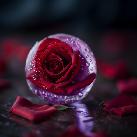Red rose in a crystal ball with water drops on a black backgroundの素材