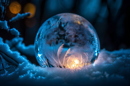 Christmas or New Year background. Glowing glass ball in the snow at nightの素材