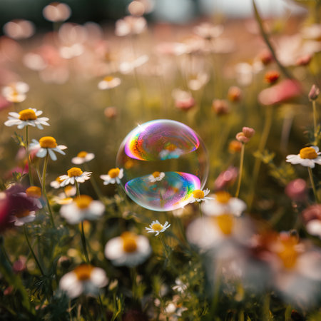 Soap bubbles in the meadow with daisies and flowersの素材