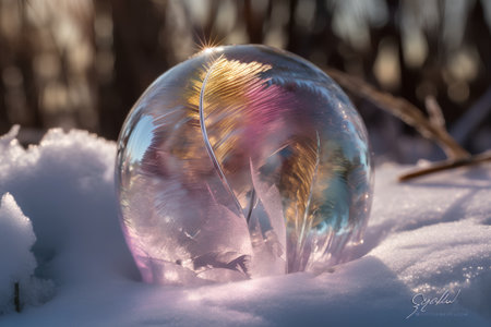 crystal ball with feathers on the snow in winter forest. soft focusの素材