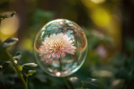 Transparent glass ball with pink chrysanthemum in the garden.の素材