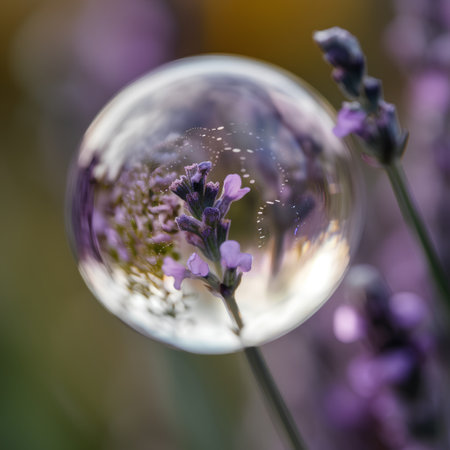 Lavender flowers in a soap bubble on a blurred background.の素材