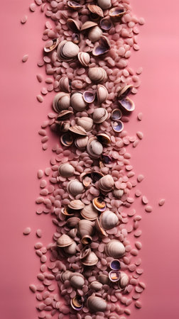 Sea shells on pink background. Top view. Flat lay. Copy space.の素材
