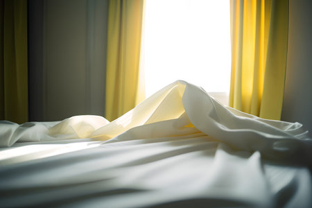 Crumpled white fabric on the bed in the morning light.の素材