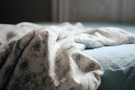 Close up of a bed with white bedclothes. Selective focus.の素材