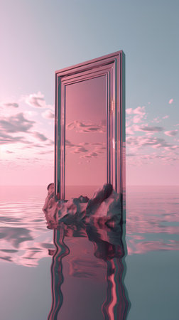 Open door in the sky with clouds reflected in water. 3d renderの素材