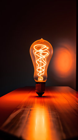 Glowing fluorescent light bulb on wooden table, closeup. Energy and idea conceptの素材
