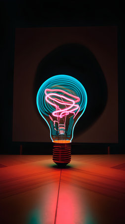 Light bulb on a black background. 3D rendering. Neon light bulb.の素材