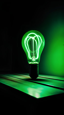 Glowing fluorescent light bulb on wooden table in dark room with copy spaceの素材
