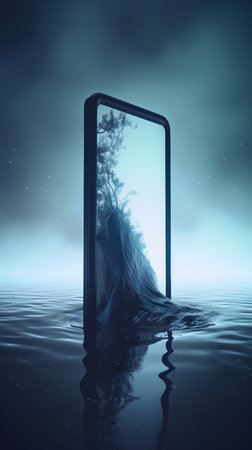 conceptual image of mobile phone with tree on screen in the waterの素材