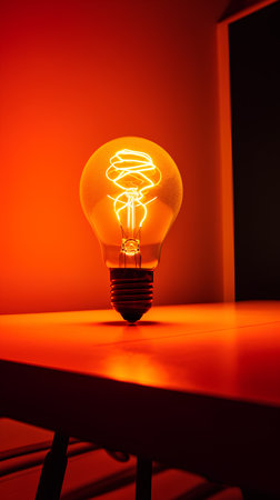 Incandescent light bulb on the table with red wall in the backgroundの素材