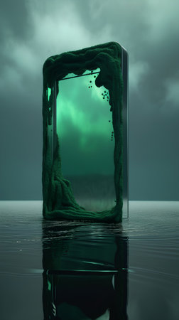 Fantasy green landscape with ice cube in water, 3d renderの素材