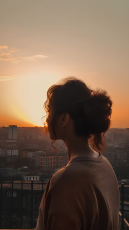 Beautiful young woman with curly hair looking at sunset over the cityの素材