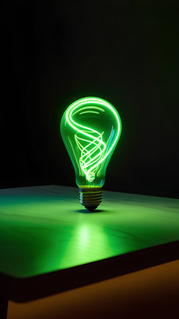 Green fluorescent light bulb on a black background. The concept of eco-friendly energy.の素材