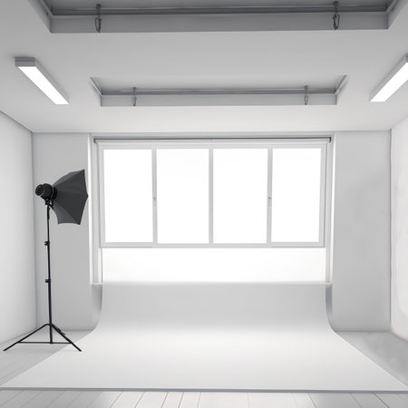 Empty photo studio with lighting equipment and copyspace. 3d renderingの素材