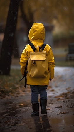 Little boy in yellow raincoat with backpack walking in the rain.の素材